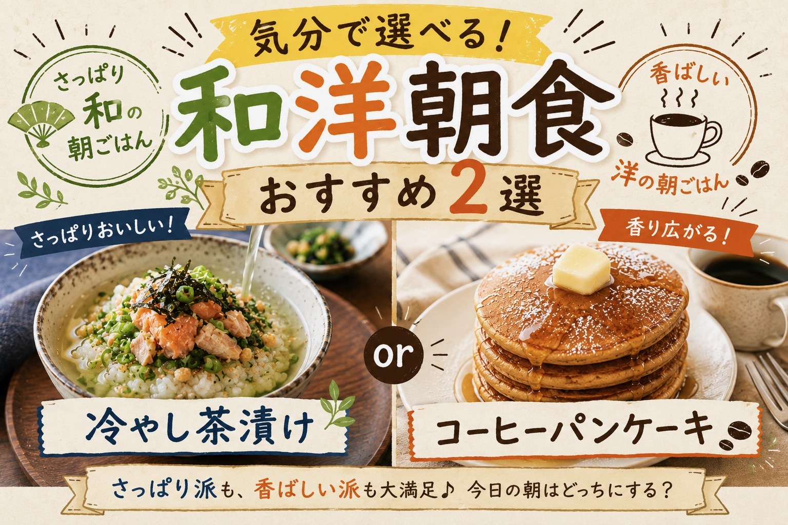 気分で選べる和洋朝食おすすめ2選（冷やし茶漬けとコーヒーパンケーキ・AI生成イメージ）