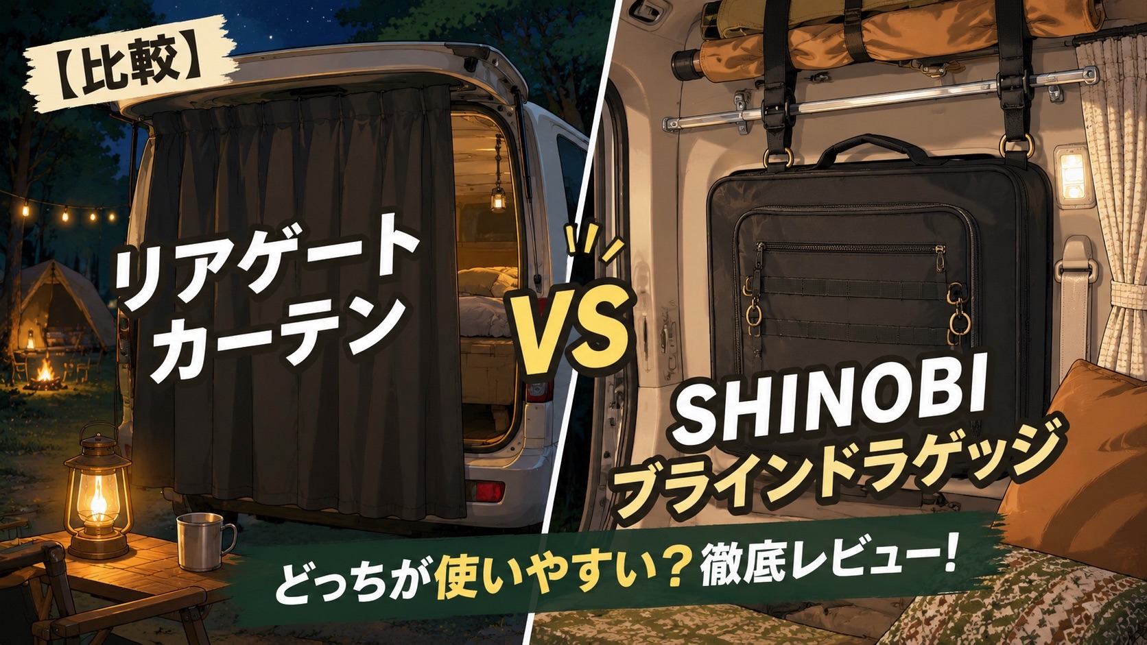 リアゲートカーテンとSHINOBIブラインドラゲッジの比較（AI生成イメージ）