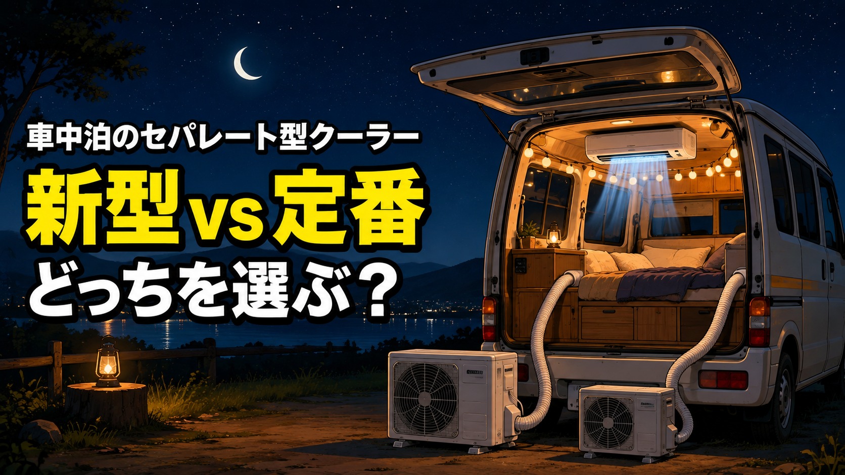 夜のキャンプ場で車中泊するバンと、地面に並べて置かれた2台のセパレート型ポータブルクーラーの室外機（AI生成画像）