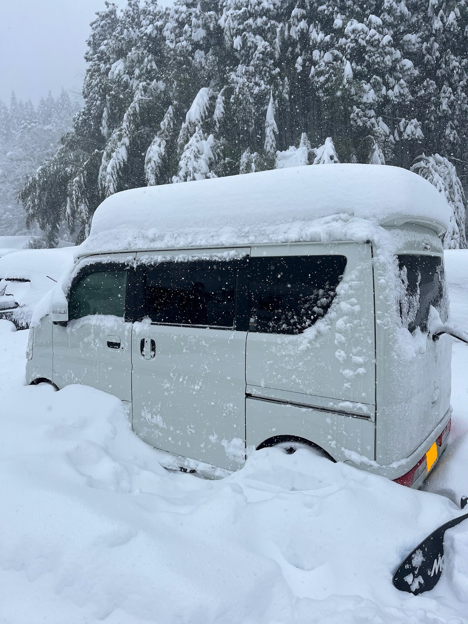 兵庫・万場スキー場の駐車場で雪に埋もれた軽キャンピングカー（エブリイワゴン）